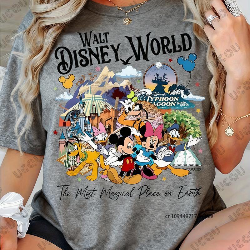 The Disney Mickey Family Graphics Print Tshirt For Women Summer New Short Sleeve Cotton Tees Casual Streetwear Couple Tops