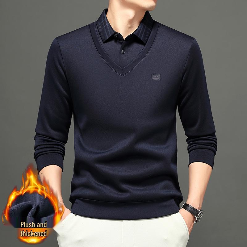 

2025 Зимняя мужская рубашка поло с длинным рукавом на флисовой подкладке - Утолщенный, теплый топ с отложным воротником XXL (150-170 jin) темно-синий