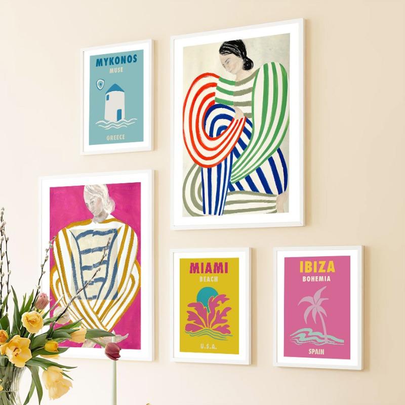 Abstract Figure Lines Stripe Girl Wall Art Posters Painting Hotel Bar Pictures For Living Room Decor Ibiza Miami Canvas Prints
