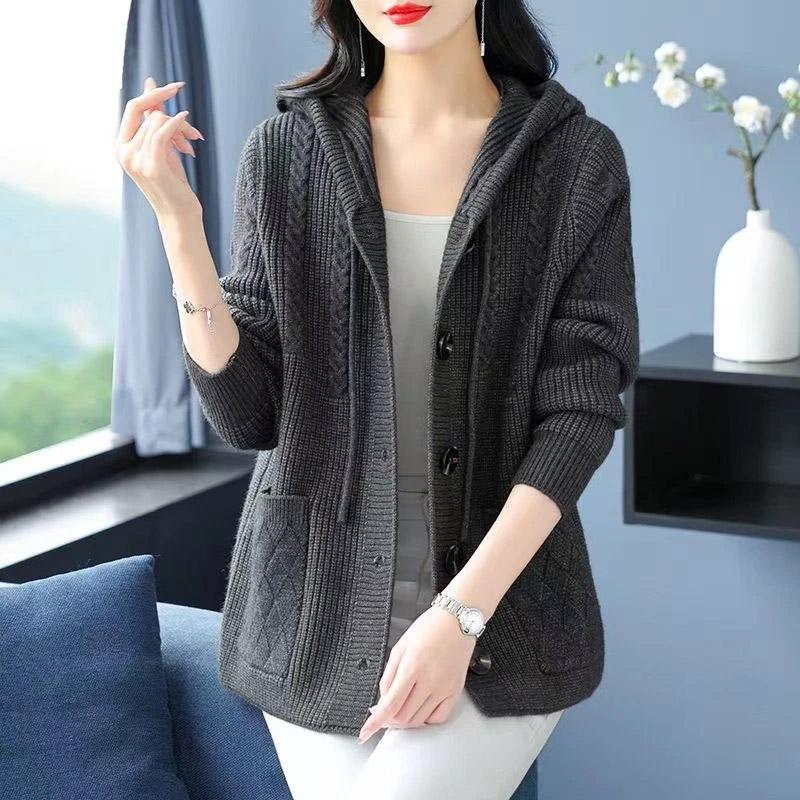 Sweater Coat for Women Cotton Knit Loose Thickened Sweater Hooded Tops Casual Oversize Cardigan Jacket