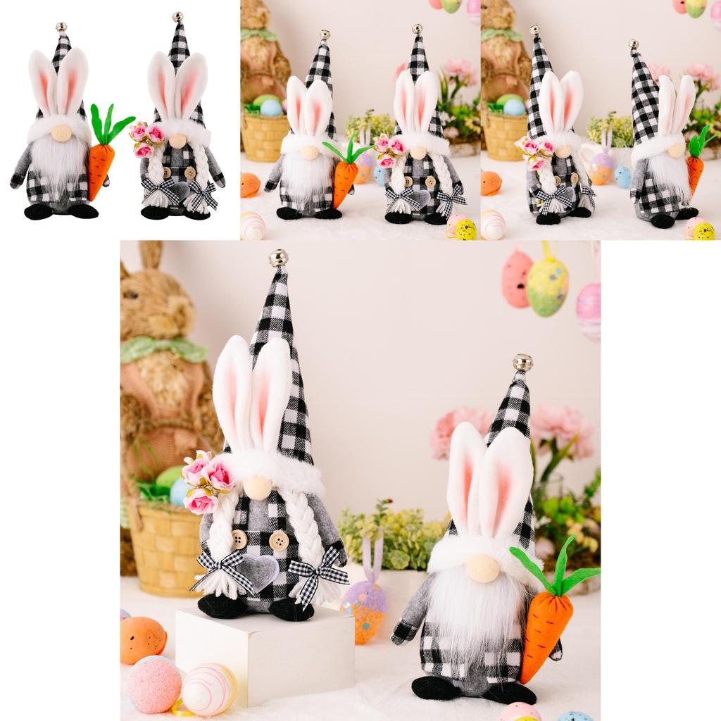 Adorable Black And White Checkered Bunny Ears Plush Doll Holding Carrot For Easter Decor