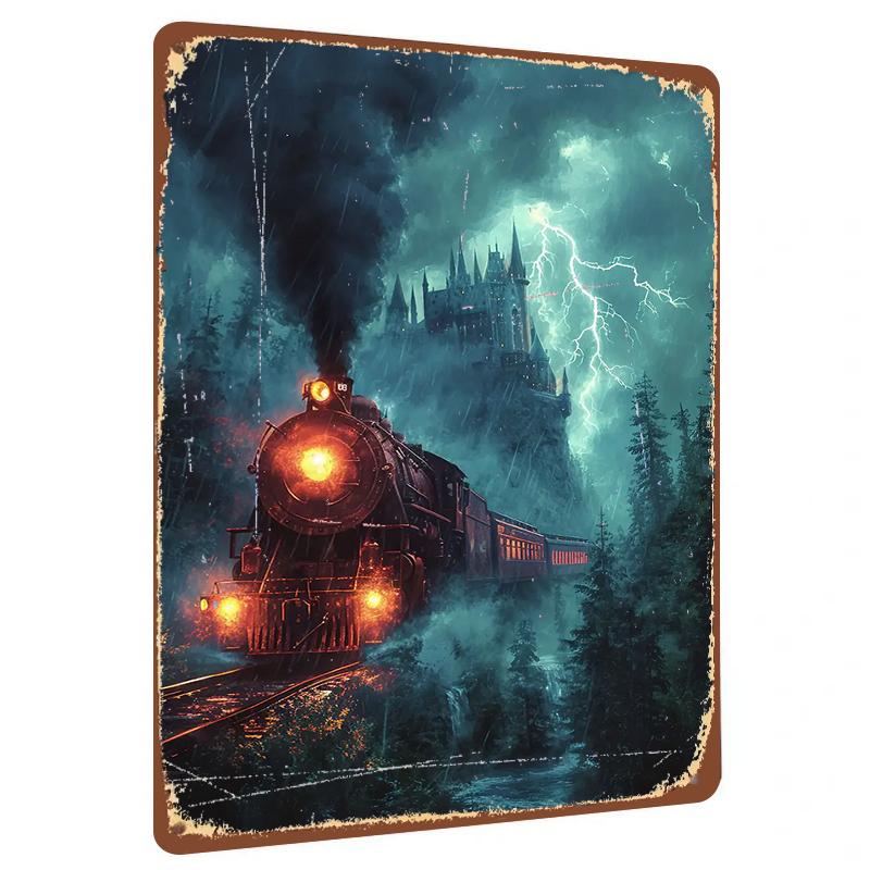 

Hogwarts Express Metal Wall Art Magic Castle Stormy Night Scene Decorative Painting Living Room Study Wall Hanging 20x30cm（7.8x11.8inch）