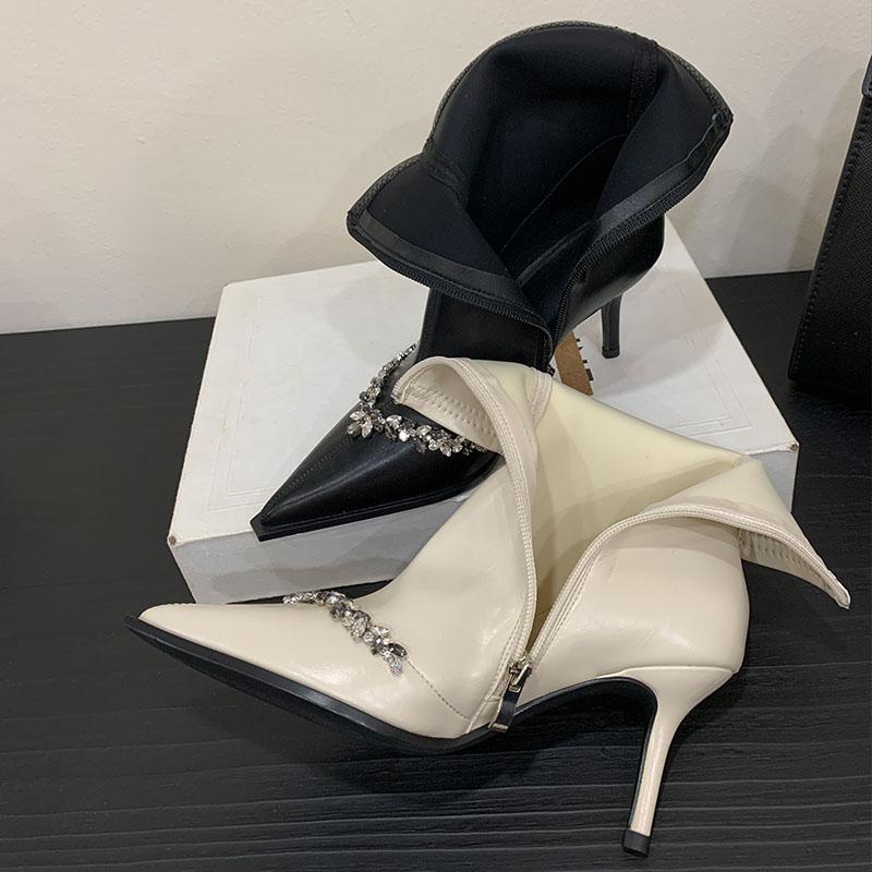 Fashion Fashion Rhinestones Women Ankle Modern Boots Thin Heels Shoes Pointed Toe Ladies Short Boots Zippers Shoes Female Pumps lady