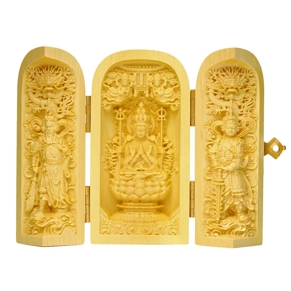 

Buddhist statue, Thousand-Armed Kannon Bodhisattva, made of natural boxwood (Tsuge), approximately 10cm tall, featuring the god of wealth (Guan Yu)