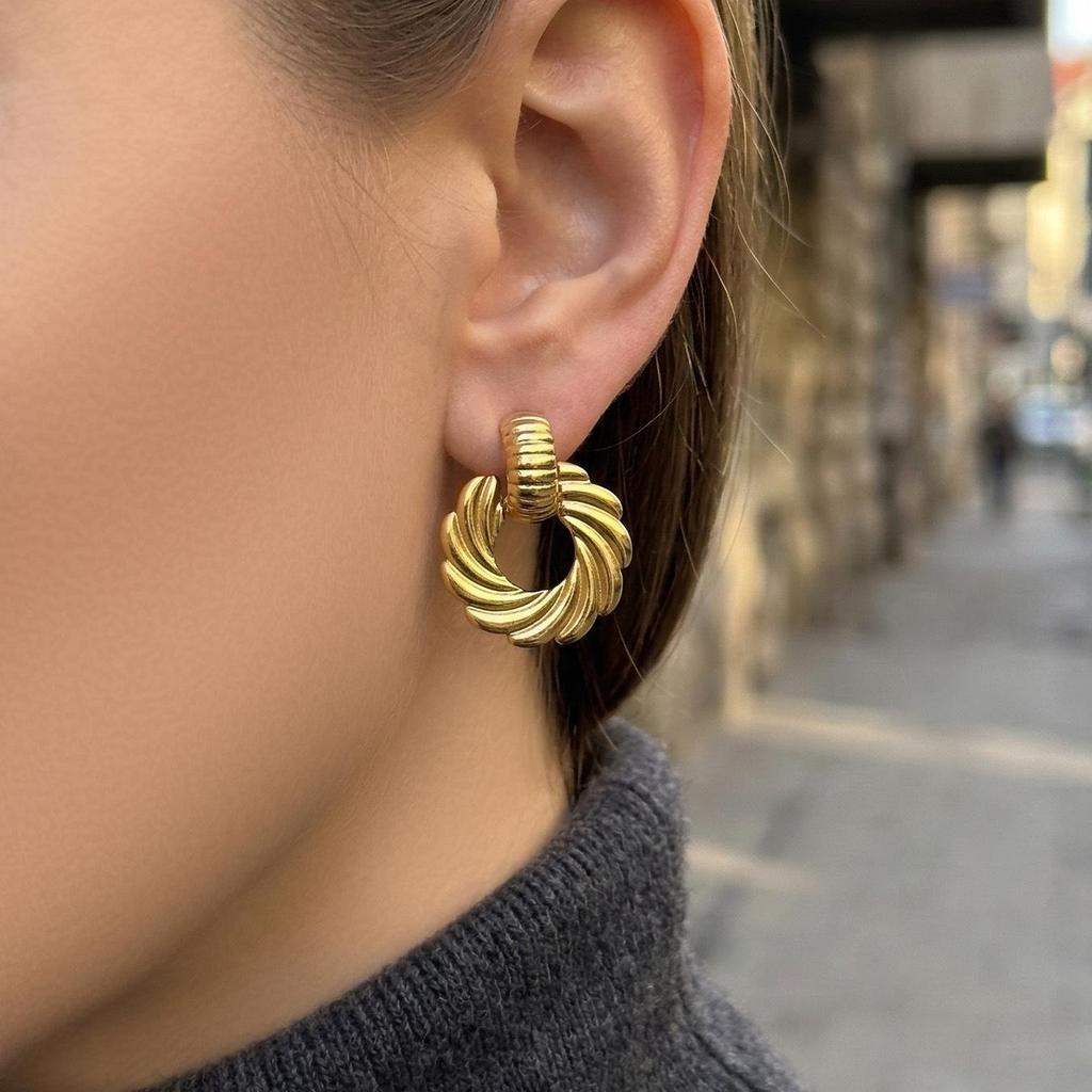 18K Gold Plated Twisted Circle Stud Earrings - European & American Fashion, Stainless Steel Whirlwind Design