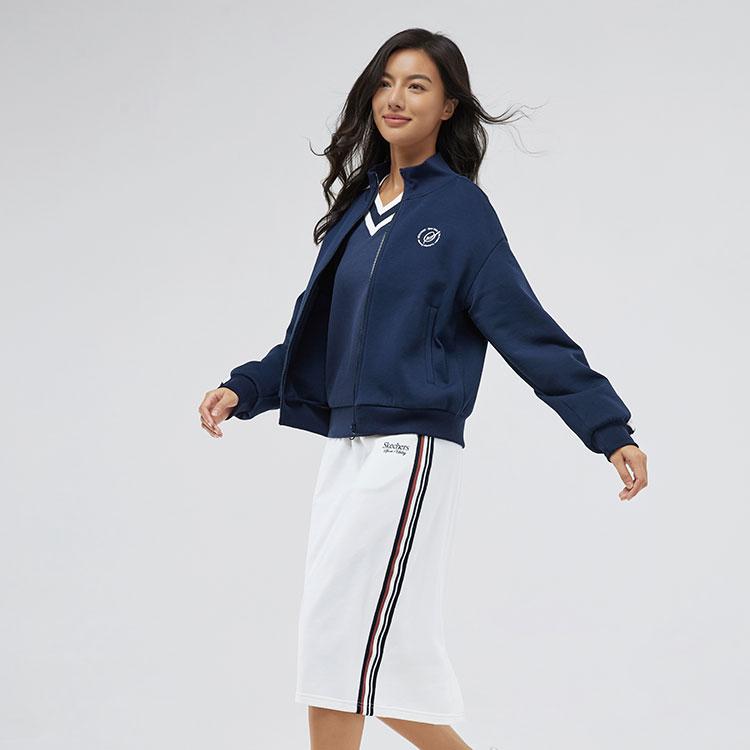 Skechers Retro Color Block Striped Warm Fashion Comfortable Stand Collar Zip Jacket Women Jackets Navy-Blue L324W021-002Z