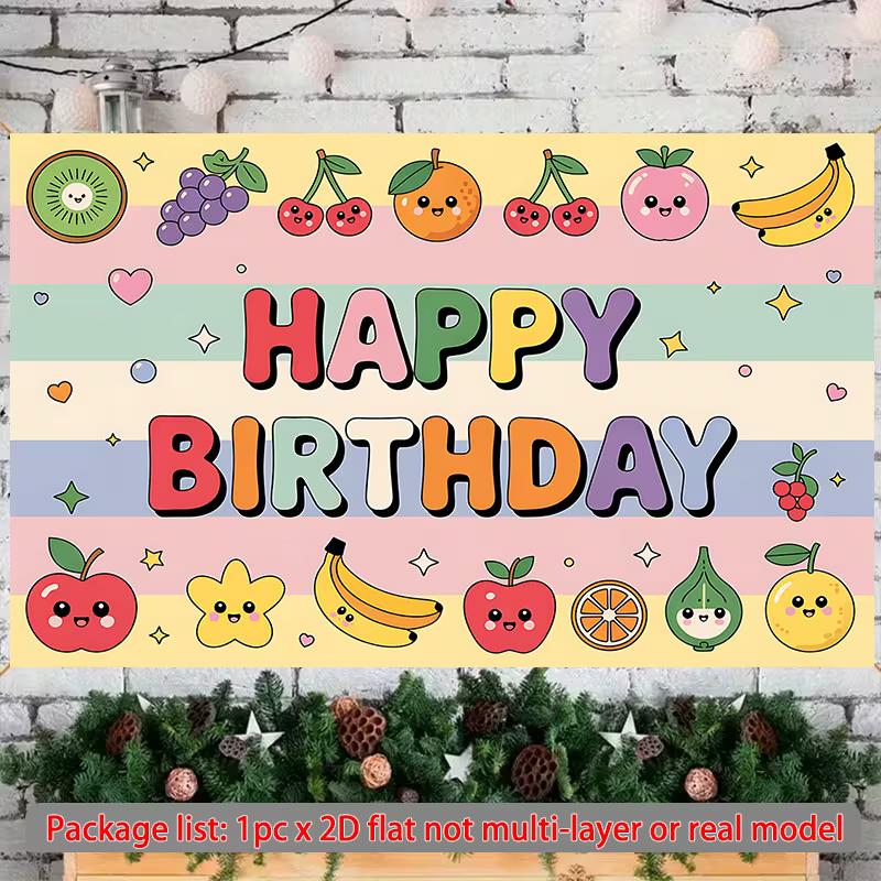 2D Cute Fruit Happy Birthday Backdrop Rainbow Stripes Photography Background for Kids