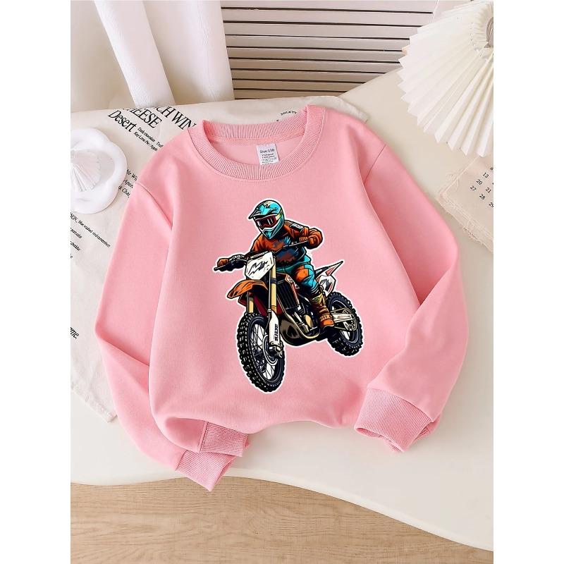 European Sizes Crewneck Sweatshirt for Girls with Motocross Rider On Dirt Bike, Soft Comfy Sportswear for Casual Wear for Kids & Teens