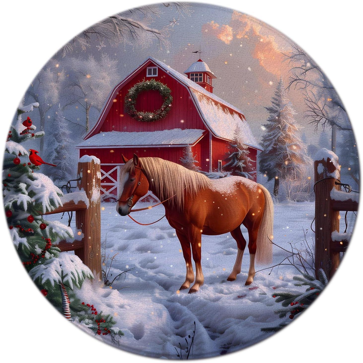 

Winter Farm Theme Round Rug Rustic Country Style Forest Deer Horse Decor Carpet Home Indoor Decor Mat for Living Room Bedroom 40x40cm