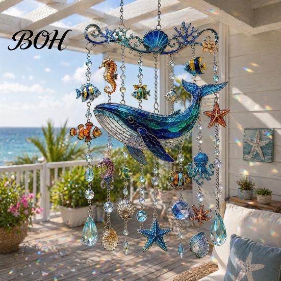 3D Crystal Bead Mobile Ocean Animal Acrylic Window Hanging, Stained Glass Style Sea Turtle Whale Dolphin Suncatcher Lightweight Hanging Decoration