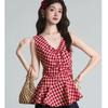 Women Red Plaid V Neck Sleeveless Front Ruched Ruffle Hem Tank Top