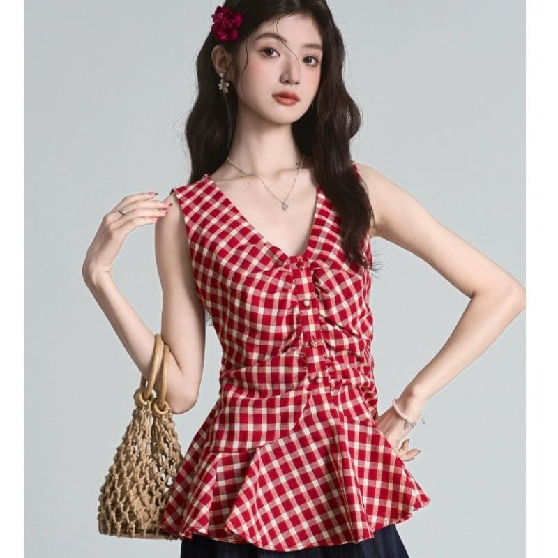 Women Red Plaid V Neck Sleeveless Front Ruched Ruffle Hem Tank Top S красный