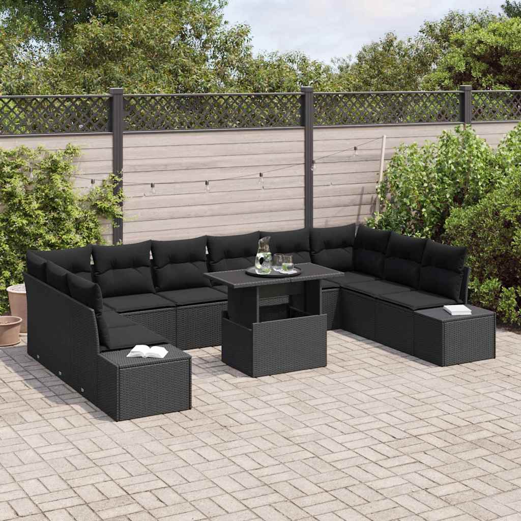 Garden Sofa Set with Cushions and Storage 11 pcs Black