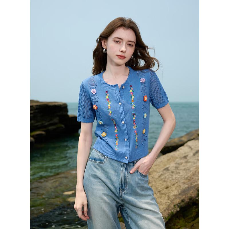 

Sancai 2025 Summer Hollow-out Floral Textured Short Sleeve Knit Cardigan S 155/80A
