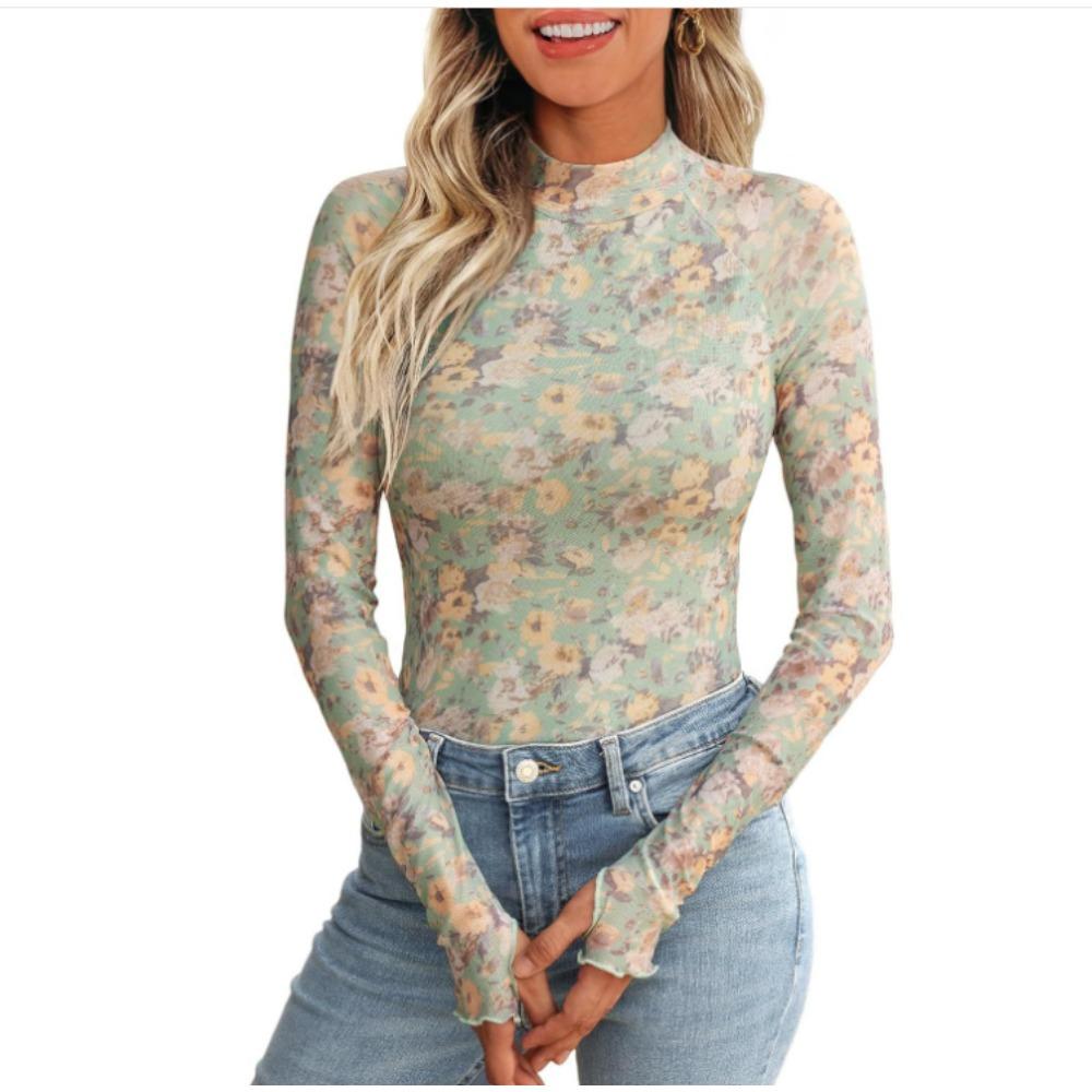 

Футболка с капюшоном и высоким воротом, длинными рукавами, кружевной цветочной сеткой для женщин XXL светло-зеленый