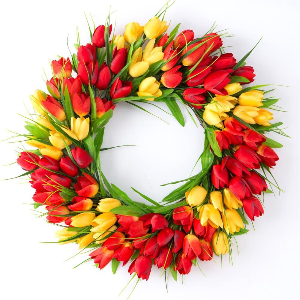 

Весенний венок из тюльпанов, украшение для дома, подвесной венок на дверь, рождественский орнамент из ротанга, настенный висячий венок 40CM diameter