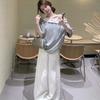 Summer American Light Gray Cross-shoulder Short-sleeve T-shirt, Women's Lace Half-sleeve, Loose, Slimming, Off-shoulder Casual Top