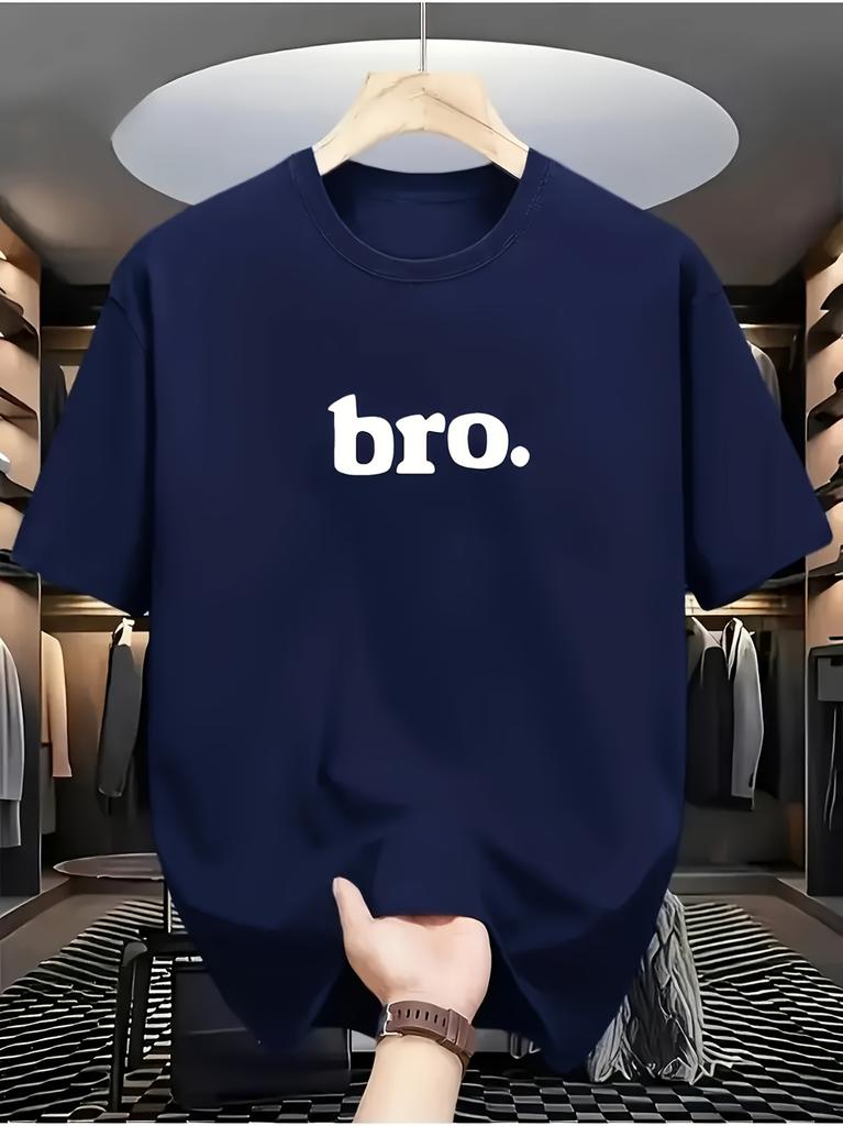 Men's Fashion Trend Simple "Bro" Print Crew Neck T-Shirt, Casual and Comfortable Travel Apparel, Suitable for Fashion Enthusiasts,