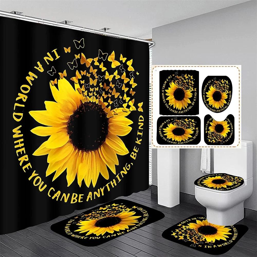 Magic Sunflower Butterfly Shower Curtain Sets Black Yellow Art Country Flower Bathroom Decor Curtains Bath Mats Rug Toilet Cover