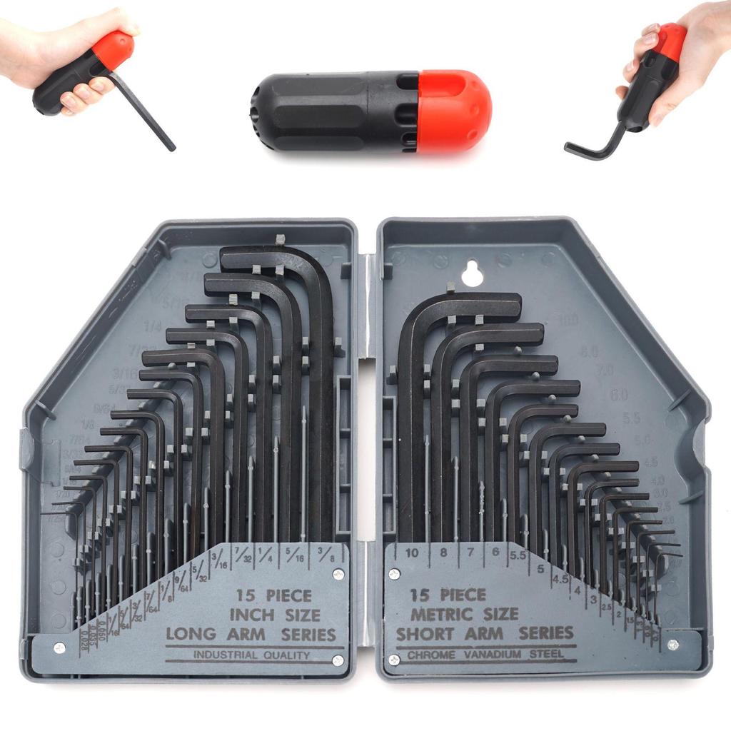 30-Piece Blackened Extra Long Metric/Imperial Hex Key Wrench Set with Extension Bar