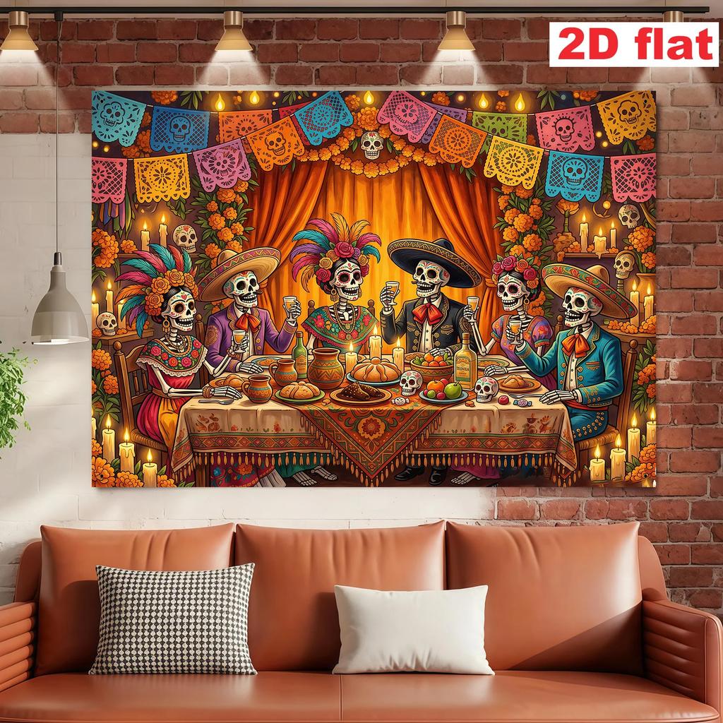 2D Flat Banner [Party Banner, Flag] 1 Piece, Made of Polyester, with Painted Sugar Skull Decorative Fabric