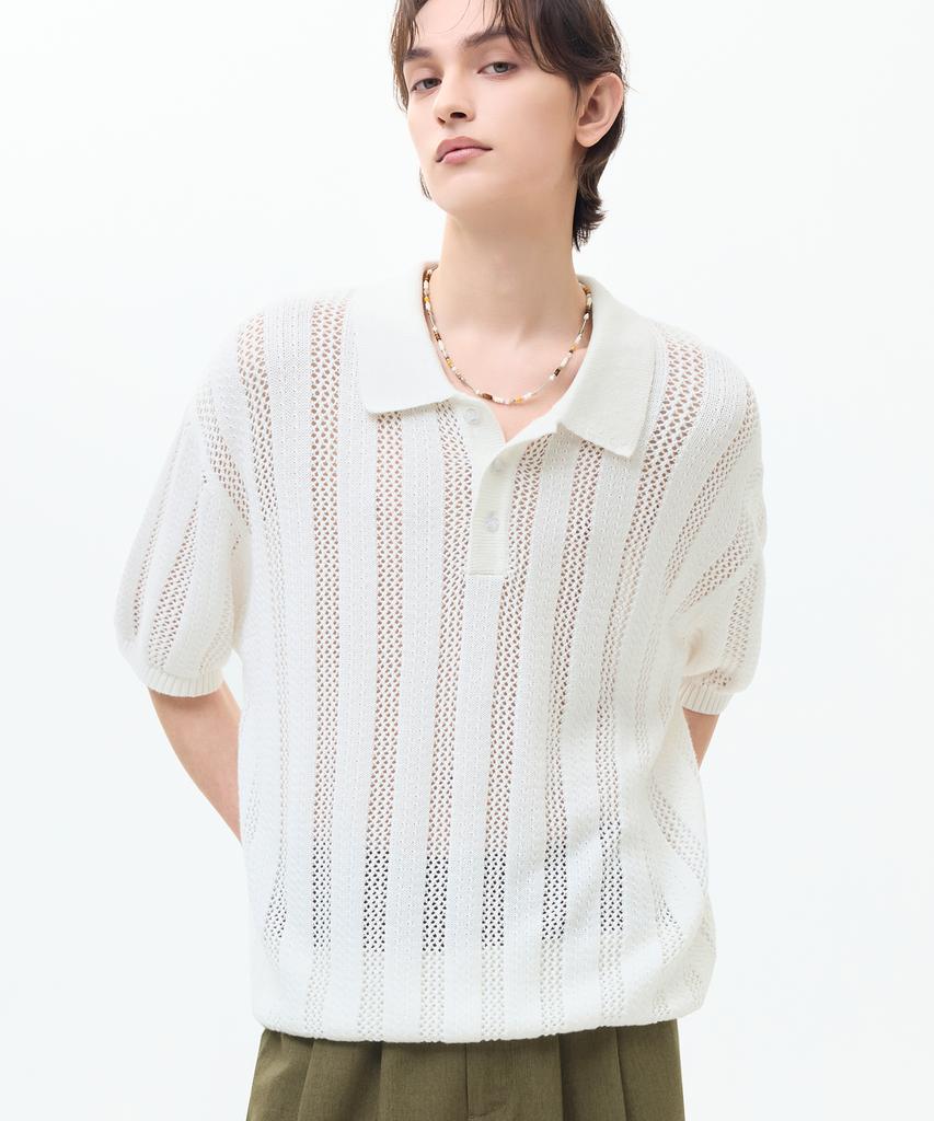 TRILLION Striped Curly Button Collar Short Sleeve Knit [Ivory]