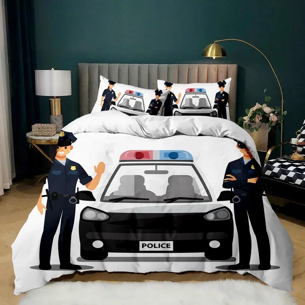 Police Duvet Cover Automotive Black Policeman Automotive Twin Bedding Set Cartoon Vehicle Comforter Cover Red Cop Lights Polyester Quilt Cover