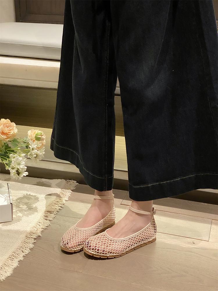 

Fashion Mesh Breathable French Fairy Style Single Shoes Women 2025 New Summer Round Head Shallow Mouth Ankle Strap Flat With Skirt Tide 35 бежевый