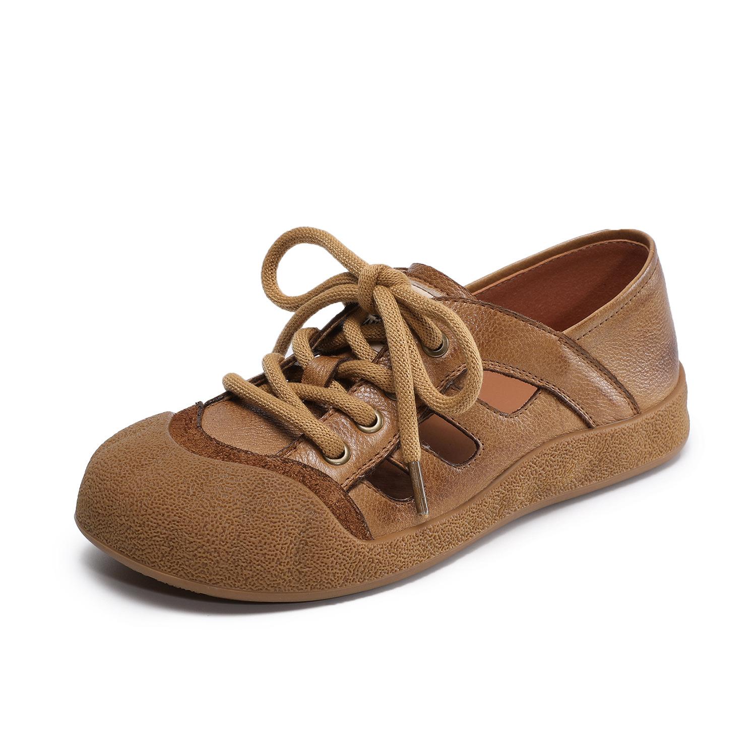 

Johnature Genuine Leather Hollow-out Breathable Women s Shoes Casual Lace Up Round Toe Flat Sandals 40 коричневий