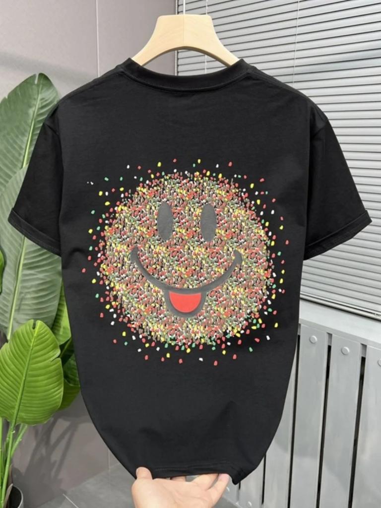 Lustiges T-Shirt mit lächelndem Gesicht für Herren, hochwertiges Baumwolloberteil, lässig, geeignet für Fitness und Straße, Sommerneuheit,