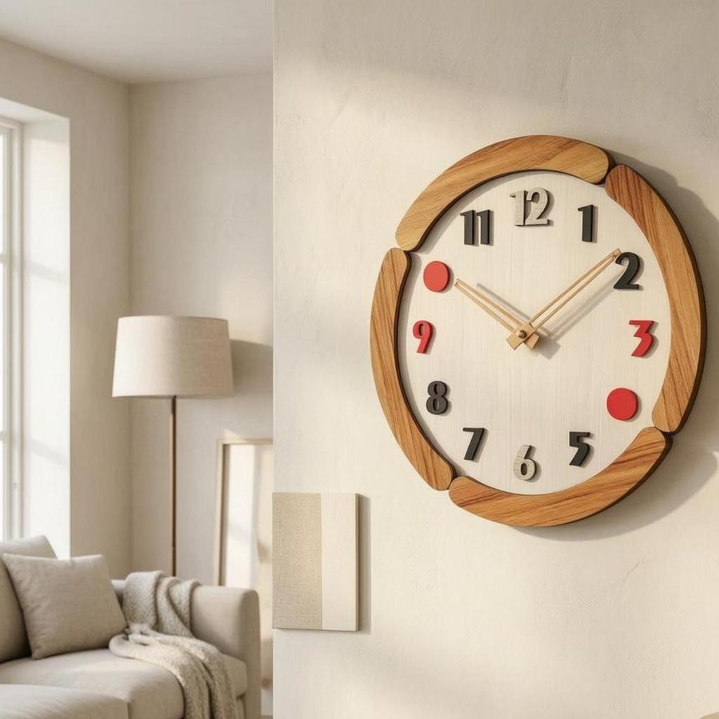 Wooden Wall Clock WoodGrain Raised Numerals Timepiece