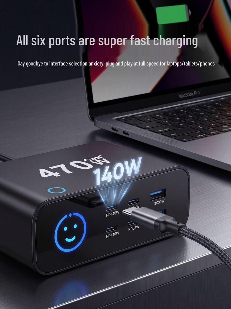 140W Gallium Nitride Fast Charger with TFT Display, PD3.1 Port, Multi-functional, 470W Fast Charging Desktop Charger