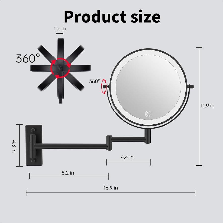 Rechargeable Wall Mounted Lighted Makeup Mirror Mounted Makeup Magnifying Mirror with Lights 10X LED Vanity Mirror Wall Mounted