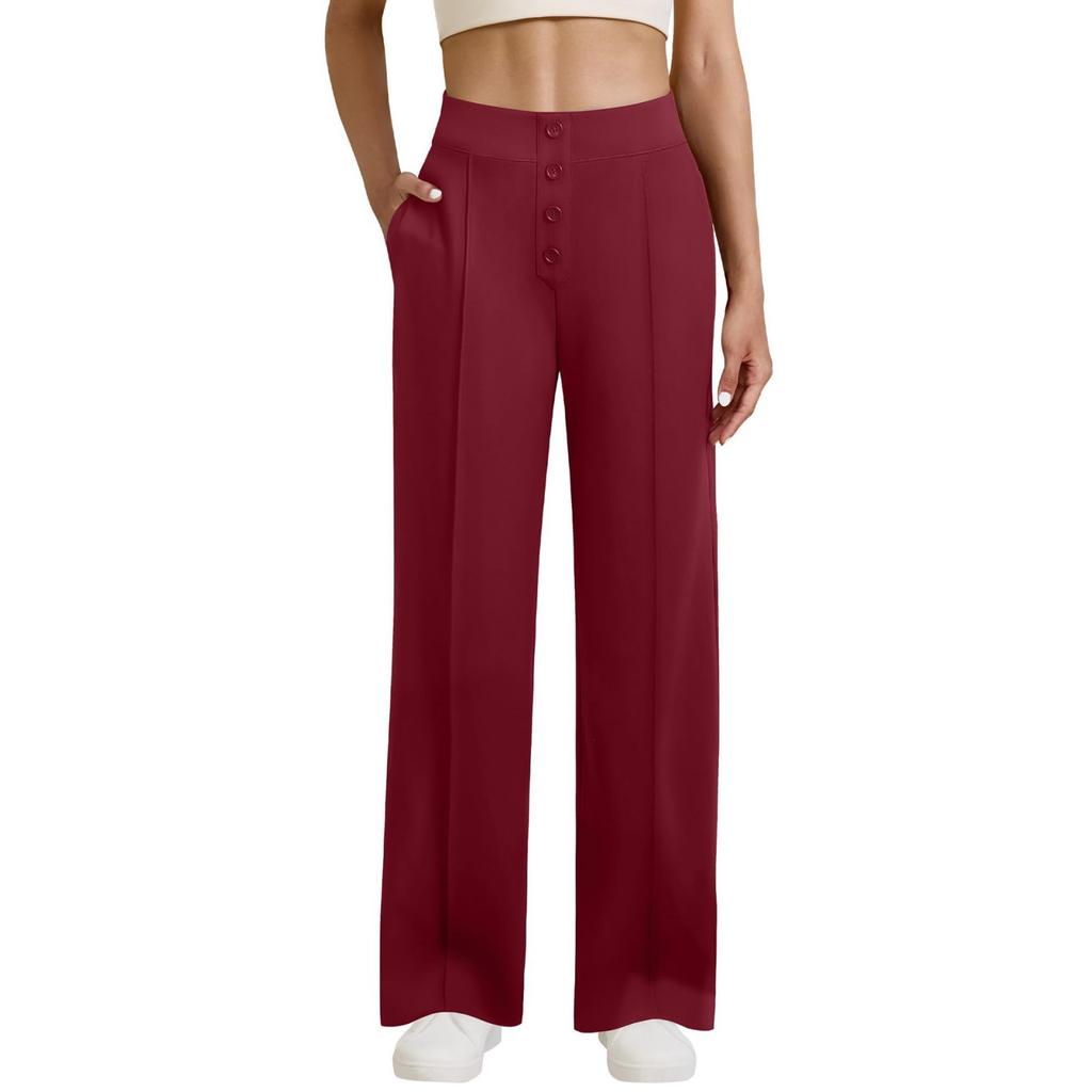 Women's Casual Straight-leg Trousers, High-waisted, Button-down, Elasticated, Wide-leg Trousers With Pockets