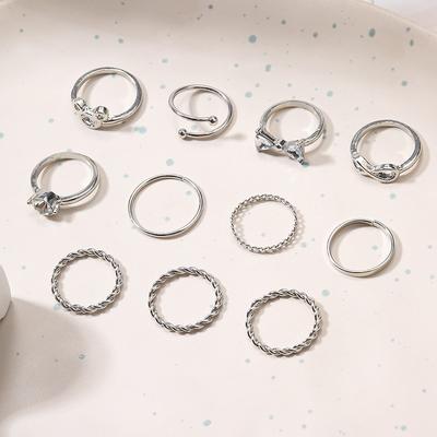 Wind Ring Women's Niche Premium Diamond Cartoon Ring Set Bow Ring Silver