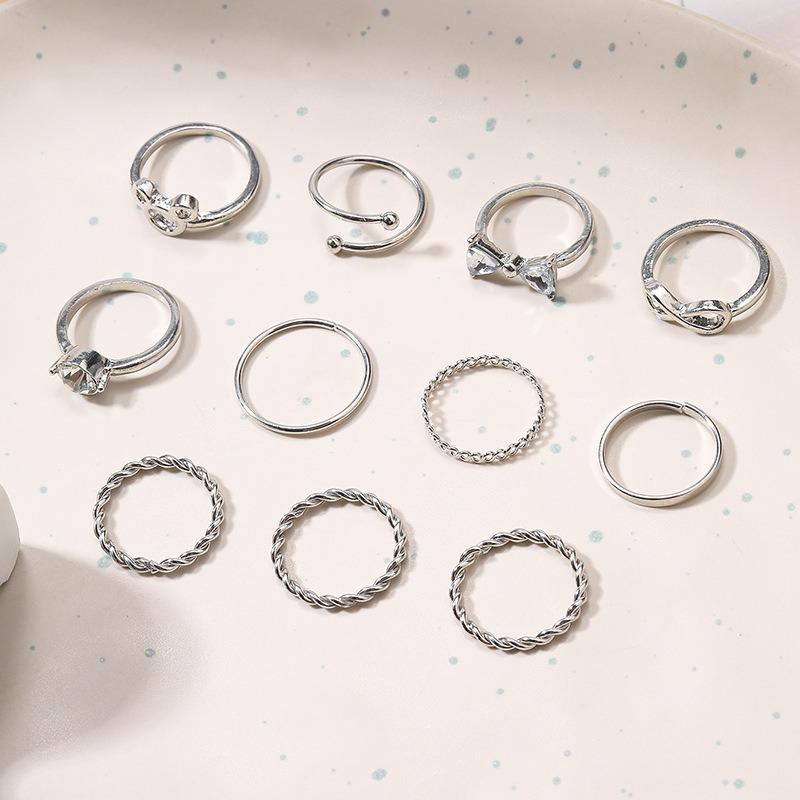 Wind Ring Women's Niche Premium Diamond Cartoon Ring Set Bow Ring Silver