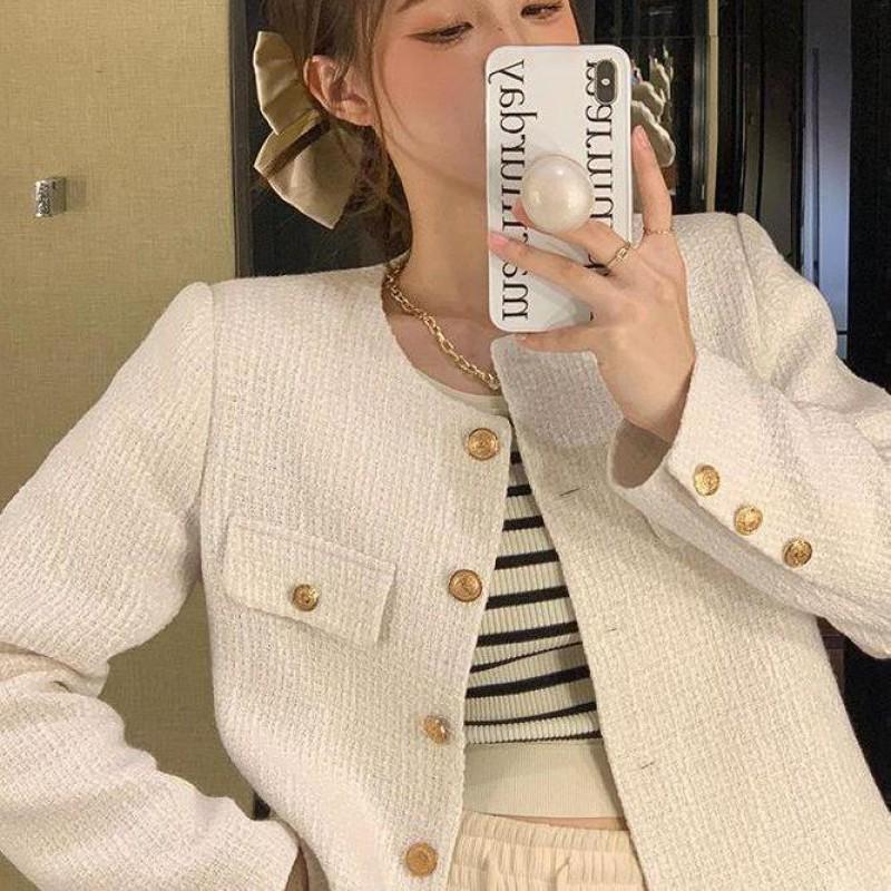 Womens Short Tweed Jacket Classic Round Neck Slim Fit Blazer Office Chic Fall