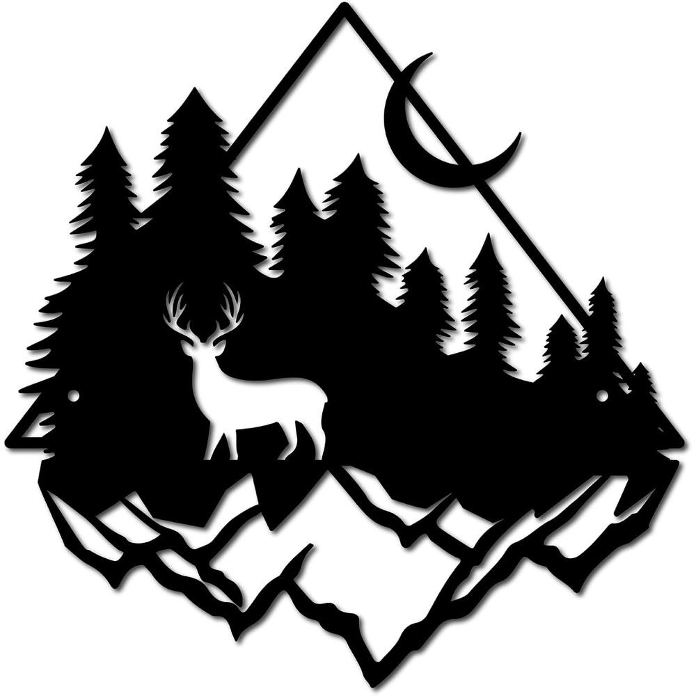 Schwarze Metall Wald Wandkunst Hirsch Kiefer Baum Skulptur Eisen Hängeschild für Haus Garten Balkon Dekor Außen 11,8x11,6 Zoll