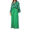 2Pcs/Set Simple Lapel Leaves Print Shirt Long Pants Set Long Sleeve High Waist