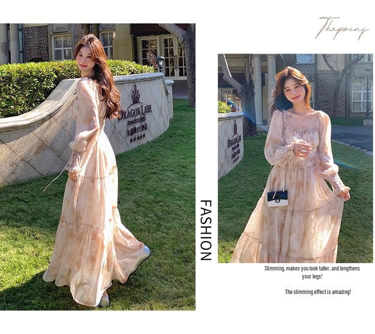 Women's Floral Chiffon Puff Sleeve Dress - French Square Neck, Spring/Autumn Fairy Mori Girl Style
