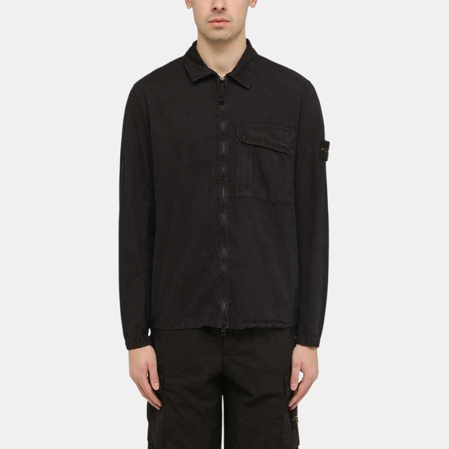 STONE ISLAND Ss24 Pocket Washed Distressed Brushed Cotton Pointed Collar Two-Way Zipper Shirt Jacket Men Jacket Black 8015119WN-V0120