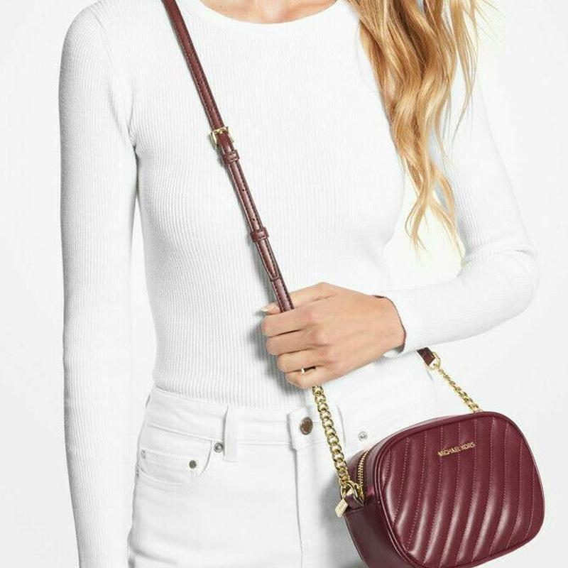 Michael Kors MK Rose Chain Shoulder Strap Quilted Solid Logo Leather Camera Bag Women Shoulder Bag Burgundy 35S1GX0C1U-MERLOT