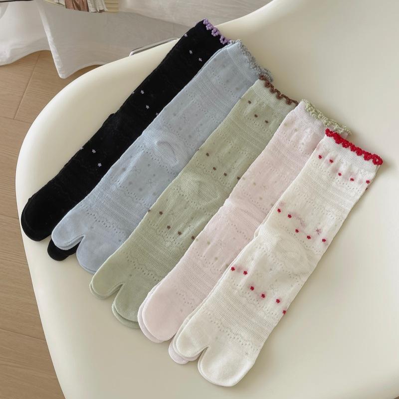 Summer Lightweight Children's Mesh Breathable Split-toe Socks with Two Toes, with Bowknot Lace Trim, Pile-up Socks
