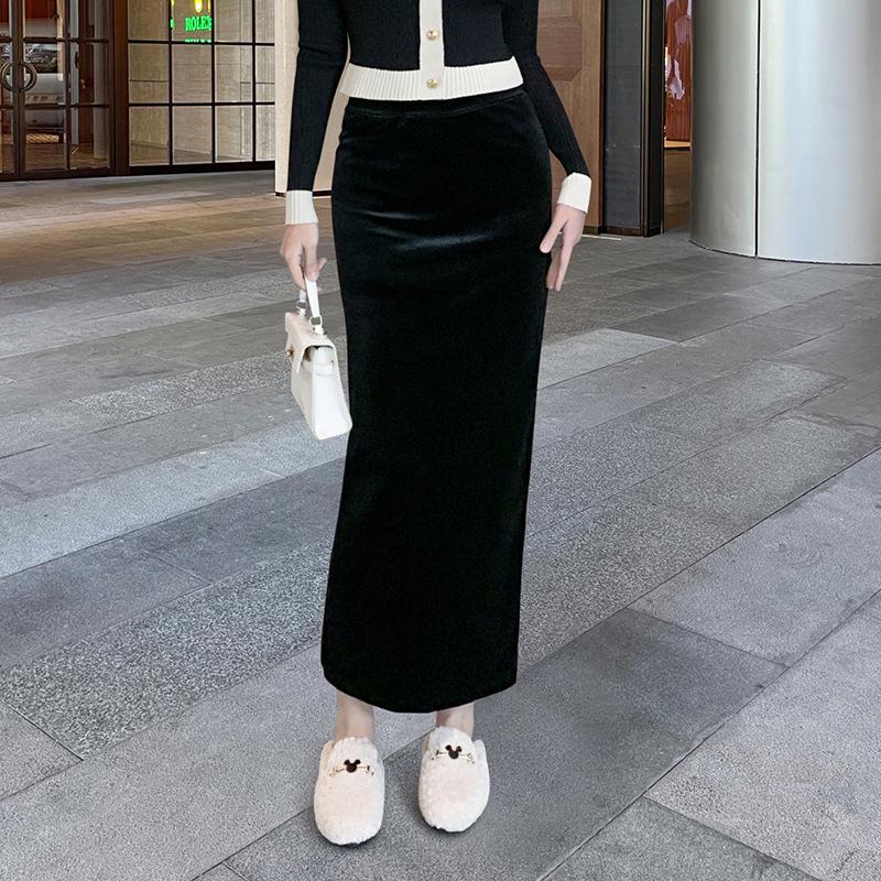 2025 Stylish Gold Velvet High-Waist Midi Skirt for Women - Black, Autumn/Winter, Sexy Long Slit