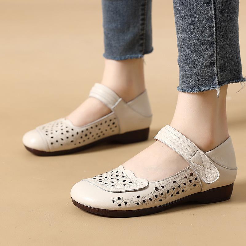 Mode GKTINOO Echtes Leder Damen Ballerinas Sommerschuhe Frau Übergröße Lässige Slipper Lochmuster Runde Zehenpartie Weiche Bequeme Sandalen Damen