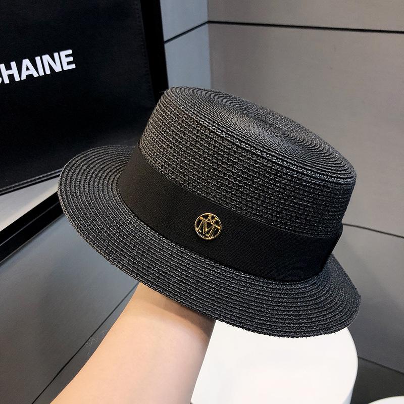 Flat Top Top Hat Women's Summer French Senior Socialite Straw Hat Seaside Vacation Sunshade Sunscreen Straw Encryption Sun Hat