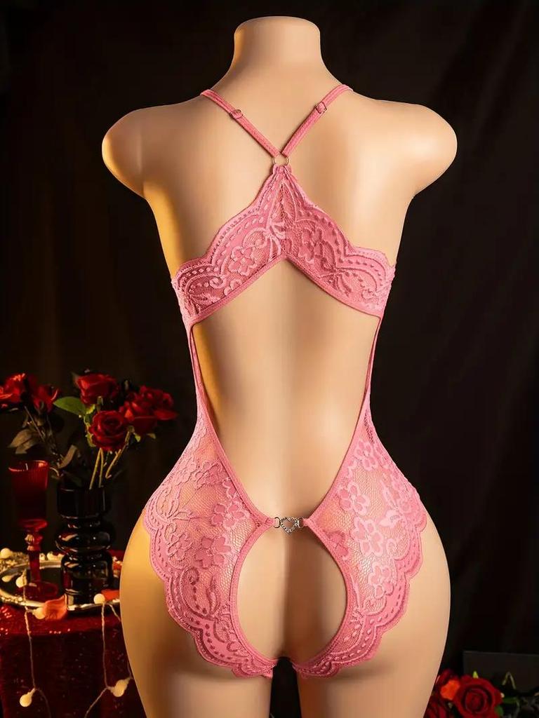 Crotchless Pink Sexy Lingerie Women Hollow Bodysuits Erotic Costumes Teddy Babydoll Dress Deep V Open Bra Female Porn Underwear