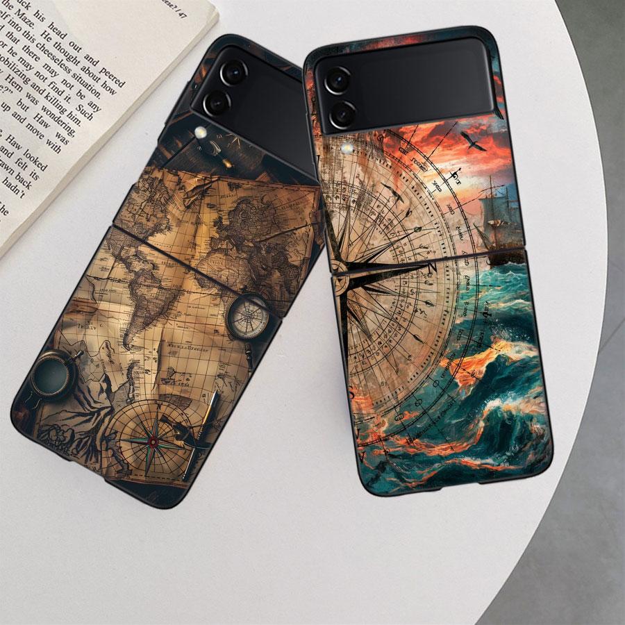 Compass Map Voyage Phone Case For Samsung Z Flip 7 6 5G Galaxy Z Flip 5 4 3 Black Hard Cell Cover Luxury PC Shell Coque