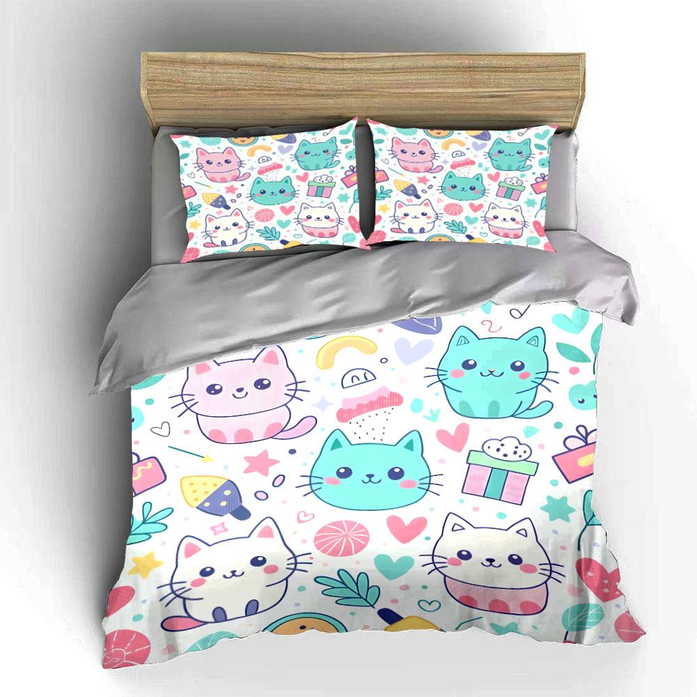 Cute Cartoon Cats Home Decor Soft Skin-Friendly Bedding Set Includes 1 Duvet Cover And 2 Pillowcase, Gift