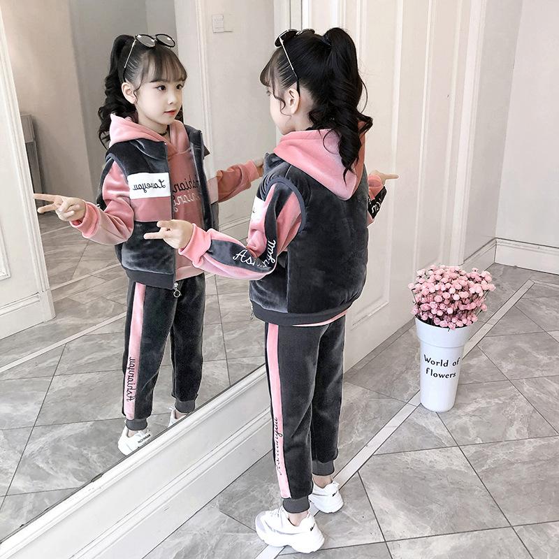 Winter Girls Tracksuit Autumn Teenager Clothes Velvet Jacket Vest + Top Hooded + Bottom Strip Pant Child Kid 8 10 12 Year